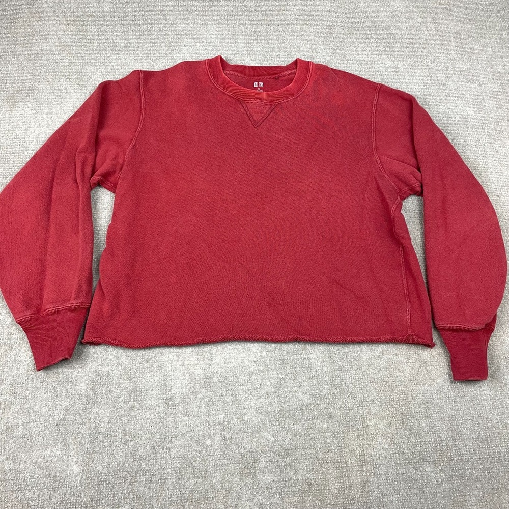 Uniqlo Sweatshirt Men Medium Red Cotton V-Insert Crew Neck Fleece Lined Pullover